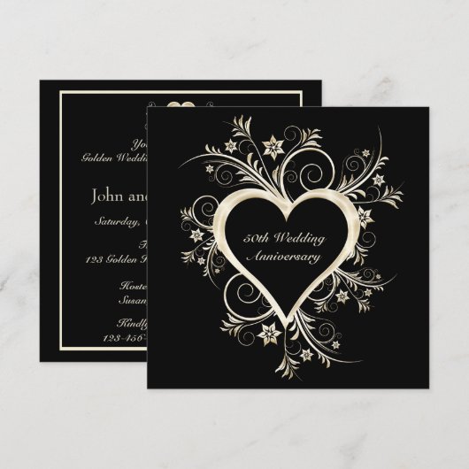 50e Jubileum zwart, Gold Heart-uitnodiging Kaart (Voorkant / Achterkant)