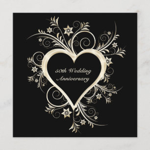 50e Jubileum zwart, Gold Heart-uitnodiging Kaart