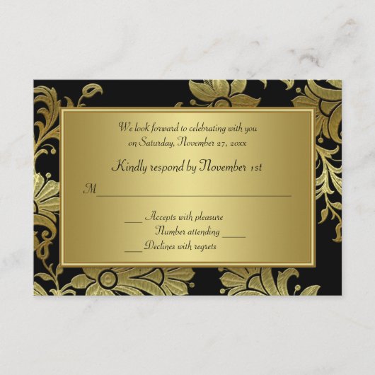 50e Jubileum zwarte en Gold Floral RSVP-kaart RSVP Kaartje (Voorkant)