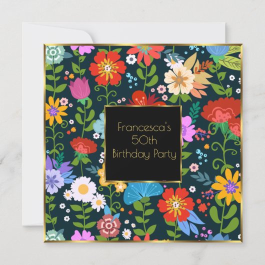 50e kleurrijke Floral Garden Birthday Party Kaart (Achterkant)