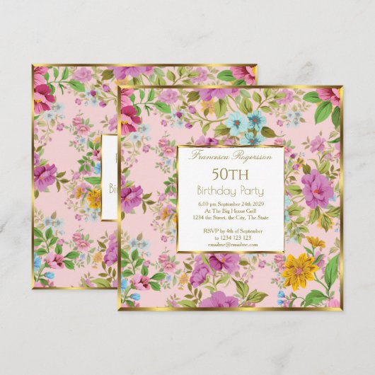 50e kleurrijke roze Floral Garden Birthday Party Kaart (Voorkant / Achterkant)