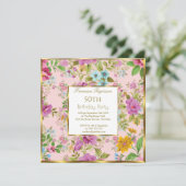 50e kleurrijke roze Floral Garden Birthday Party Kaart (Staand voorkant)