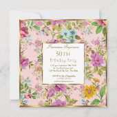 50e kleurrijke roze Floral Garden Birthday Party Kaart (Voorkant)