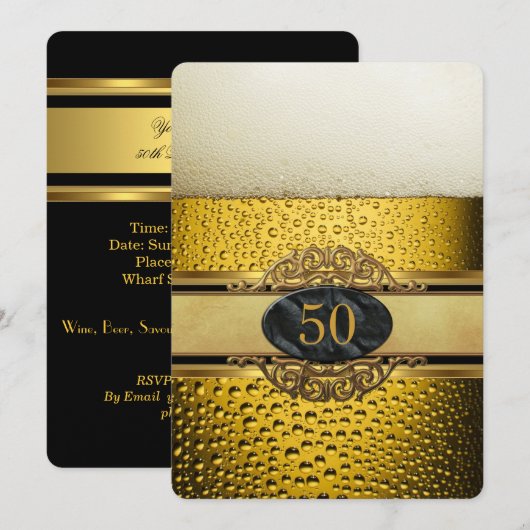 50e Mans Bier Black Gold  Birthday Party Kaart (Voorkant / Achterkant)