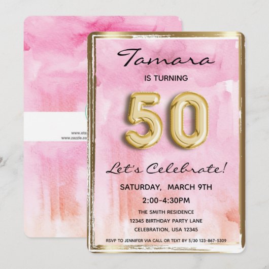50e meisje: Birthday Pink en Gold Kaart (Voorkant / Achterkant)
