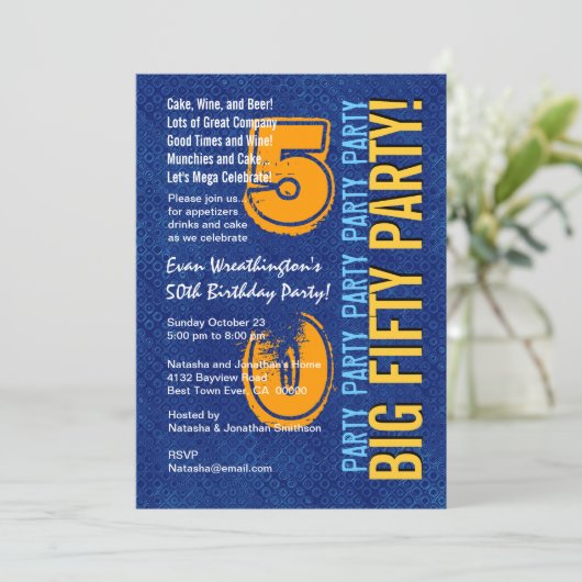 50e moderne Birthday Blue en Gold Grunge Kaart (Staand voorkant)