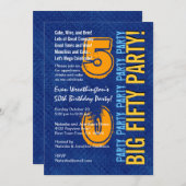 50e moderne Birthday Blue en Gold Grunge Kaart (Voorkant / Achterkant)