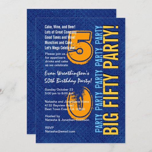 50e moderne Birthday Blue en Gold Grunge Kaart (Voorkant / Achterkant)