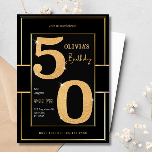 50e Moderne Zwart Goud Typografie Glitter Verjaard Kaart
