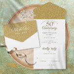 50e monogram Golden Wedding Jubileum All In One Uitnodiging<br><div class="desc">Al in één 50e gouden trouwdag-uitnodiging met gouden harten confetti en je evenementendetails in elegante typografie. De uitnodiging omvat een geperforeerde kaart RSVP die individueel of verlaten blanco voor u kan worden gericht om het adresdetails van uw gast en de initialen van het chroommonogram op een gouden hartenpatroonachtergrond te behandelen....</div>