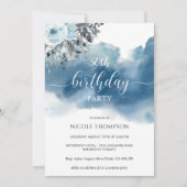 50e of andere Verjaardag Blauwe Waterverf met Flor Kaart (Voorkant)