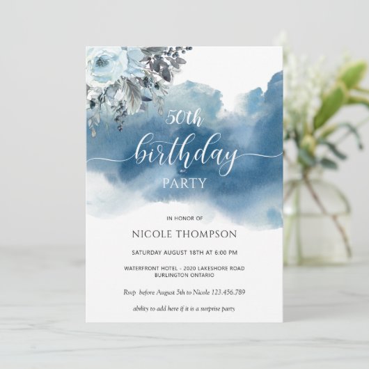 50e of andere Verjaardag Blauwe Waterverf met Flor Kaart (Staand voorkant)