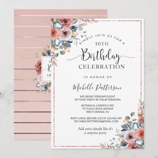 50e (of andere) verjaardag Roze Goud, Blush Floral Kaart (Voorkant / Achterkant)