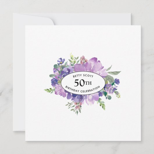 50e Paarse en Blauwe Floral 50e verjaardag Kaart (Achterkant)