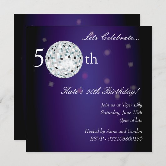 50e Paarse uitnodiging van Disco Ball Party (Voorkant / Achterkant)