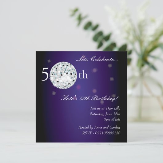 50e Paarse uitnodiging van Disco Ball Party (Staand voorkant)