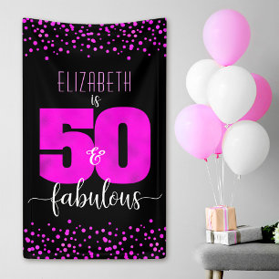 50e prachtige verjaardag, roze folie stippen op zw spandoek