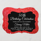 50e Rode Glitter Fab Glam Birthday Party Invite Kaart (Voorkant / Achterkant)