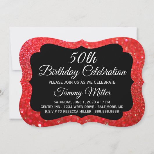 50e Rode Glitter Fab Glam Birthday Party Invite Kaart (Voorkant)