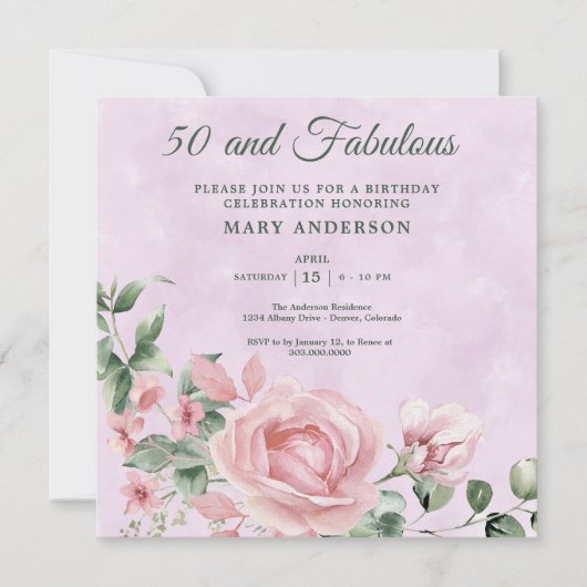 50e roos Bloemen Verjaardagsuitnodiging Kaart (Voorkant)