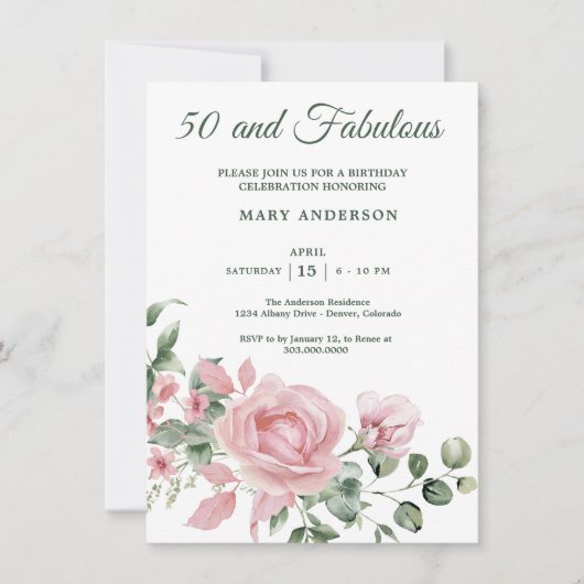 50e roos Bloemen Verjaardagsuitnodiging Kaart (Voorkant)