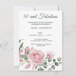 50e roos Bloemen Verjaardagsuitnodiging Kaart