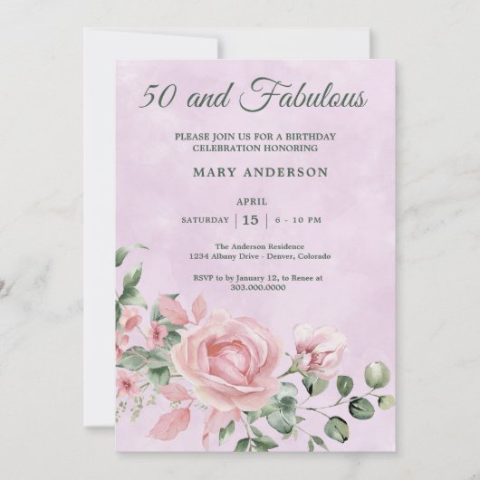 50e roos Bloemen Verjaardagsuitnodiging Kaart (Voorkant)