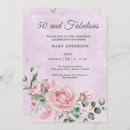 50e roos Bloemen Verjaardagsuitnodiging Kaart (Voorkant / Achterkant)