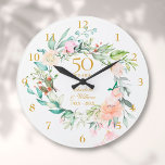 50e Rozen van het Jubileum van de Golden Wedding F Grote Klok<br><div class="desc">Deze botanische 50e trouwdag met een delicate waterverf bloemtuin kan gepersonaliseerd worden met je speciale gouden verjaardagsdetails in elegante typografie. Ontworpen door: Thisnotme©</div>