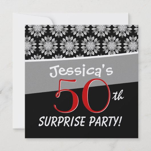 50e Surprise Party Black and White Flower Pattern Kaart (Voorkant)
