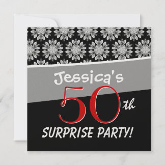 50e Surprise Party Black and White Flower Pattern Kaart