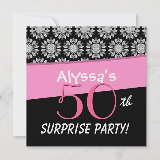 50e Surprise Party Black and White Flower Pattern Kaart (Voorkant)