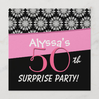 50e Surprise Party Black and White Flower Pattern Kaart