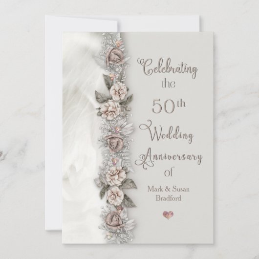 50e trouwdag droomachtige bloem beige roos kaart (Voorkant)