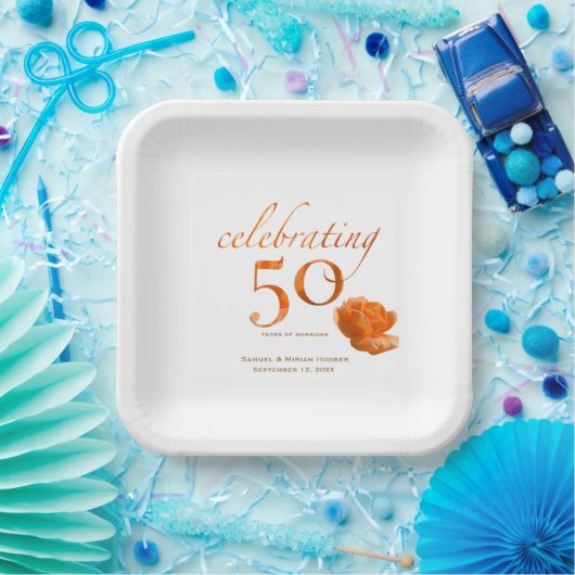 50e trouwdag Elegante perzik rozen naam Papieren Bordje (Feest)