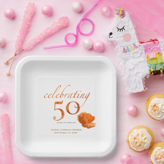 50e trouwdag Elegante perzik rozen naam Papieren Bordje (Feest)