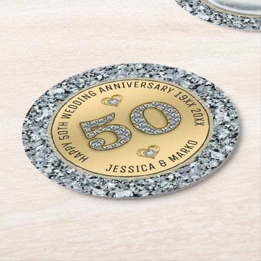 50e trouwdag goud en witte diamanten ronde kartonnen onderzetter (Gebogen)