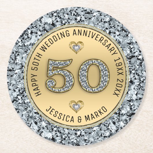 50e trouwdag goud en witte diamanten ronde kartonnen onderzetter (Voorkant)