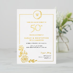 50e trouwdag gouden krans monogram folie uitnodiging