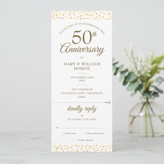 50e trouwdag Hart Confetti RSVP Kaart (Staand voorkant)