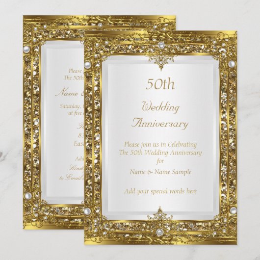 50e trouwdag jubileum goud glitters witte parel kaart (Voorkant / Achterkant)