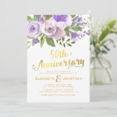 50e trouwdag paars goud bloemmotief kaart (Staand voorkant)