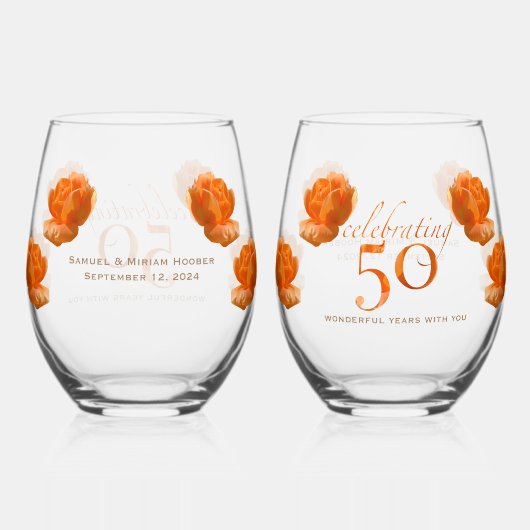 50e trouwdag perzik rozen naam cadeau wijnglas zonder voet (Achterkant)