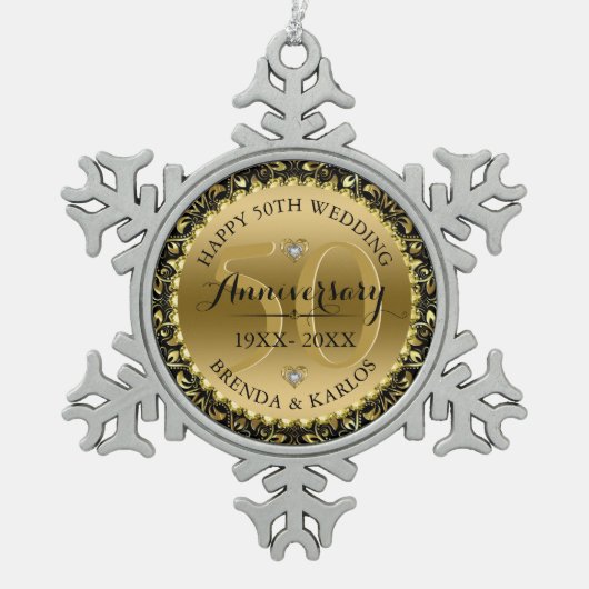 50e trouwdag zwart & goud swirly lijst tin sneeuwvlok ornament (Voorkant)