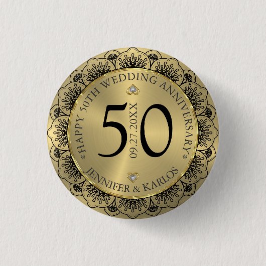 50e trouwdag zwarte kant & goud ronde button 3,2 cm (Voorkant)