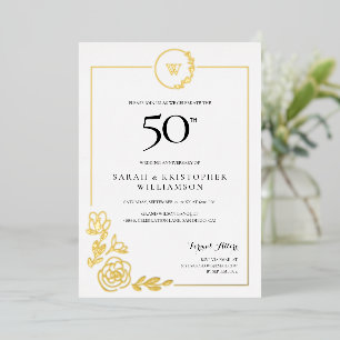 50e trouwjubileum Gouden Krans Monogram Folie Uitnodiging