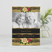 50e trouwjubileumfeest roze goud foto 3 kaart (Staand voorkant)