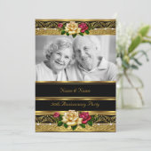 50e trouwjubileumfeest roze gouden foto 3 kaart (Staand voorkant)