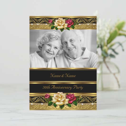 50e trouwjubileumfeest roze gouden foto 3 kaart (Staand voorkant)