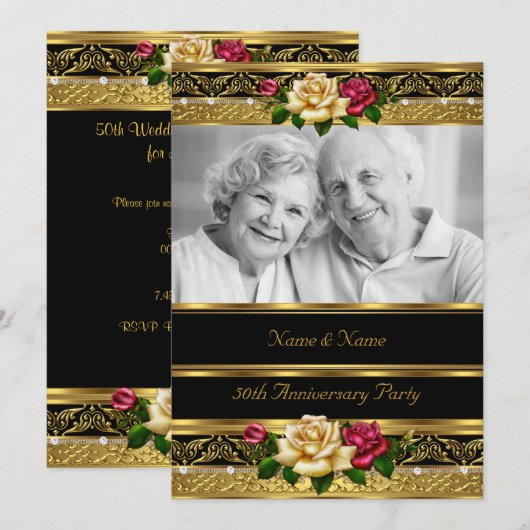 50e trouwjubileumfeest roze gouden foto 3 kaart (Voorkant / Achterkant)